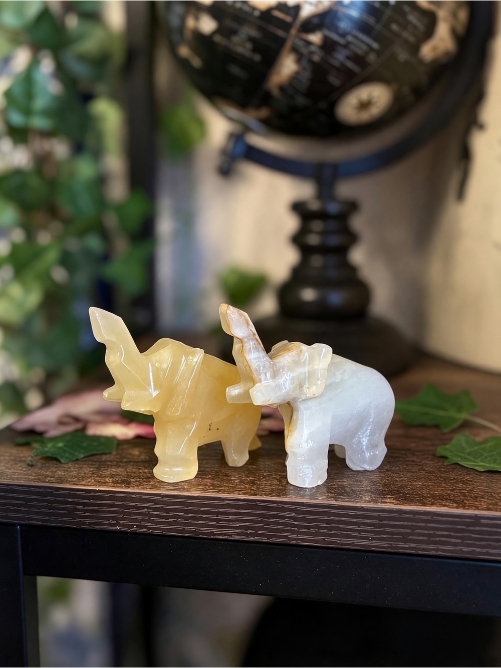 Yellow and White Onyx Elephant Figurine Pair